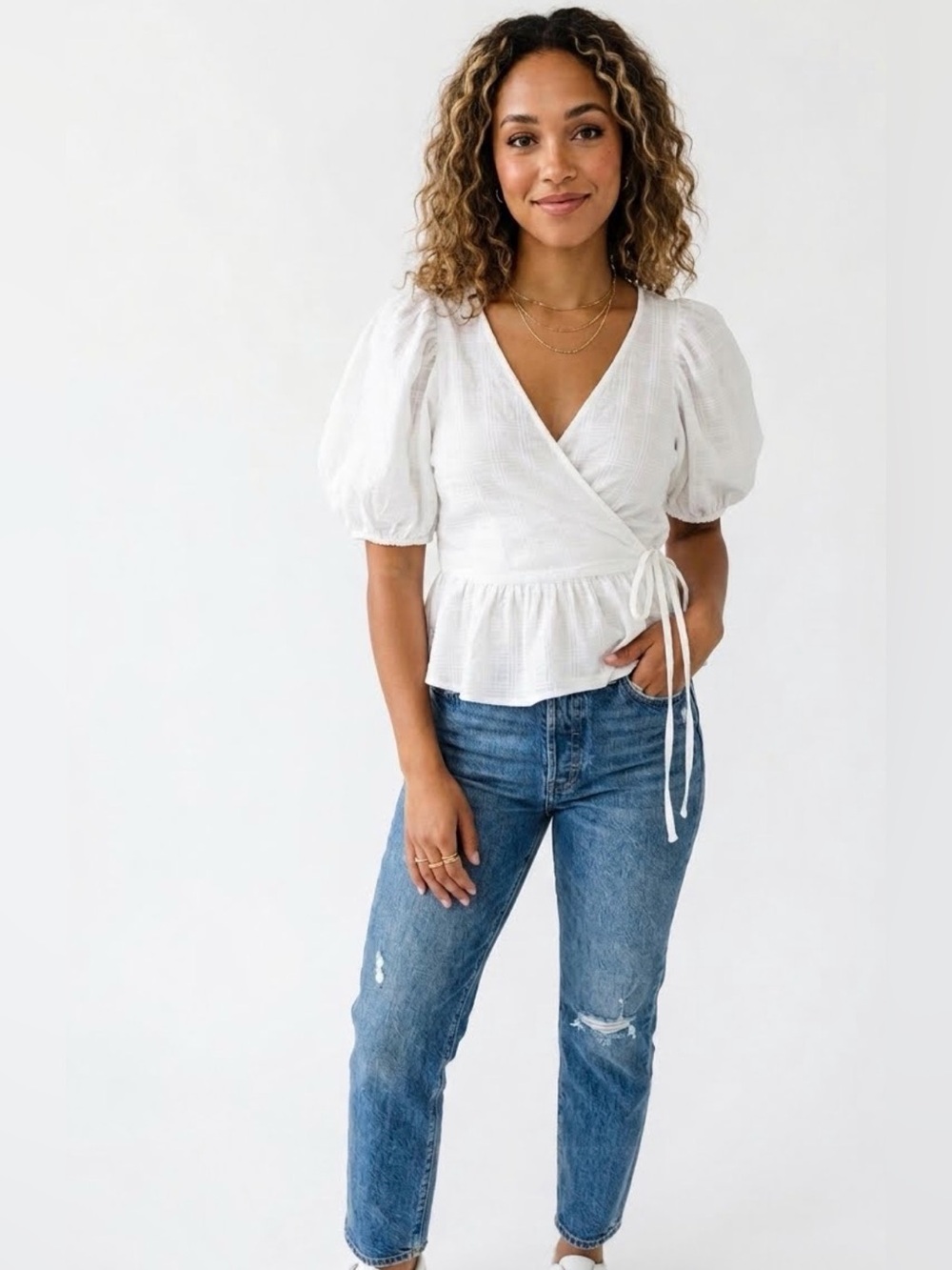 Urban Outfitters White Plaid Puff-Sleeve Wrap Top blouse Medium